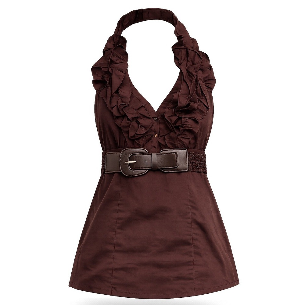 Women's Y2K Large Brown Belted Halter Top Ruffle Soft Grunge Alt Girl Heart Soul